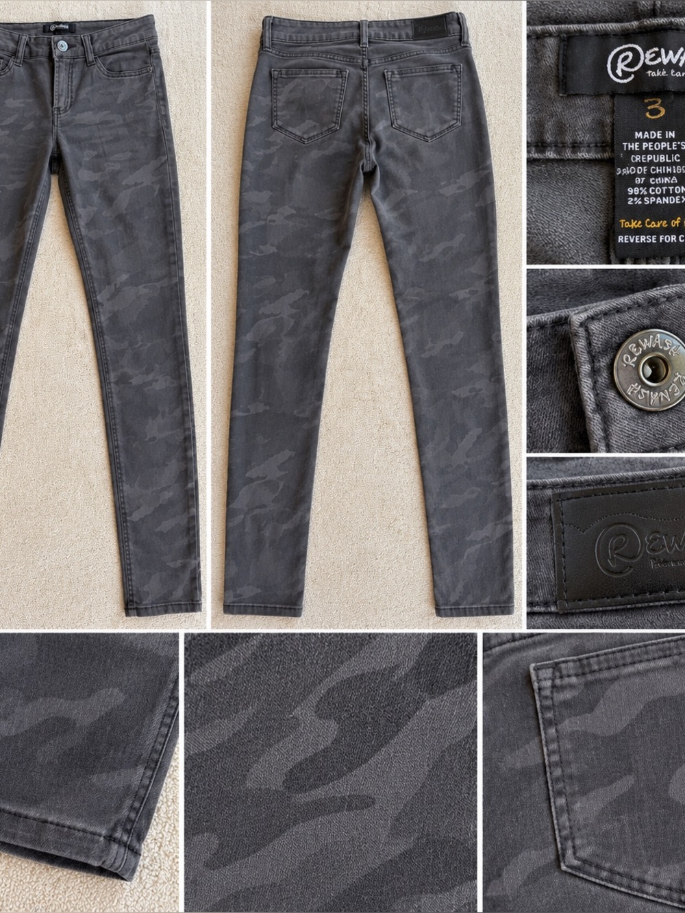 Rewash Charcoal Camo Skinny Jeans Size 3